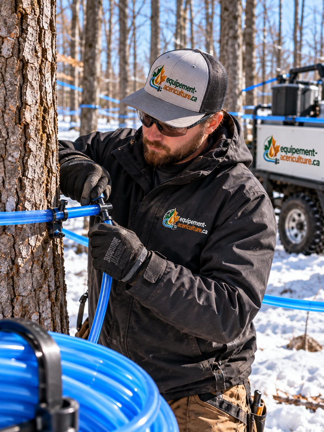 Installateur raccordant une latérale bleue à un chalumeau en forêt enneigée