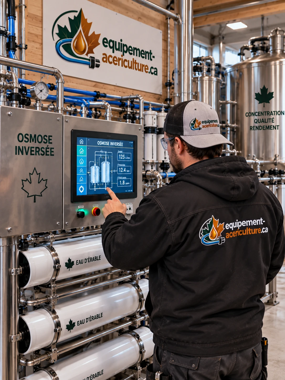 Technicien devant un appareil d'osmose inversée et ses membranes
