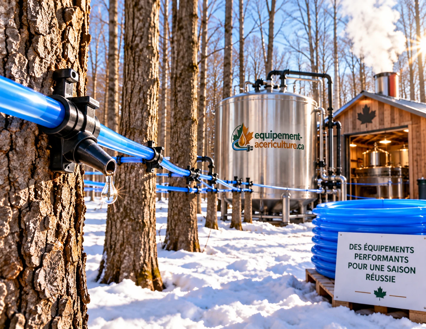 Réseau de tubulure bleue, réservoir inox et cabane à sucre au soleil d'hiver